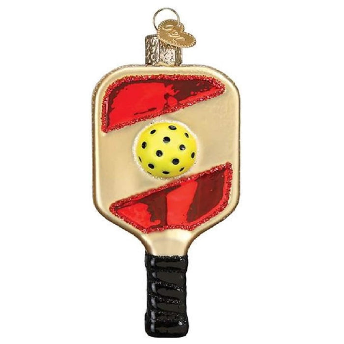 Christmas Ornament depicting a Pickleball racket or paddle with plastic ball with perforated holes.