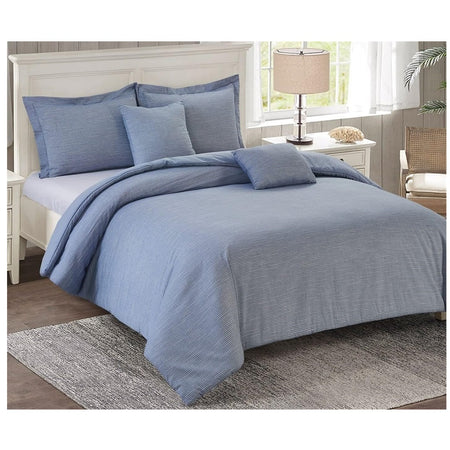 Blue and white striped comforter. 