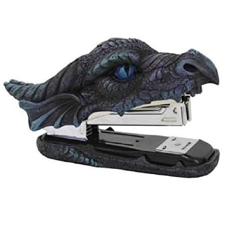 Black grey dragon designed stapler with blue eyes.