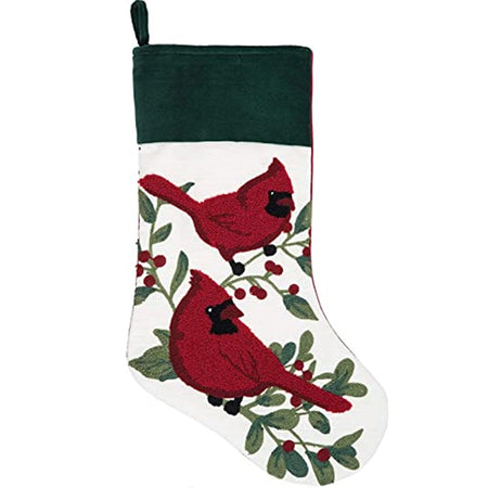 White stocking with red cardinals on holly branches with a green cuff and hanging loop.
