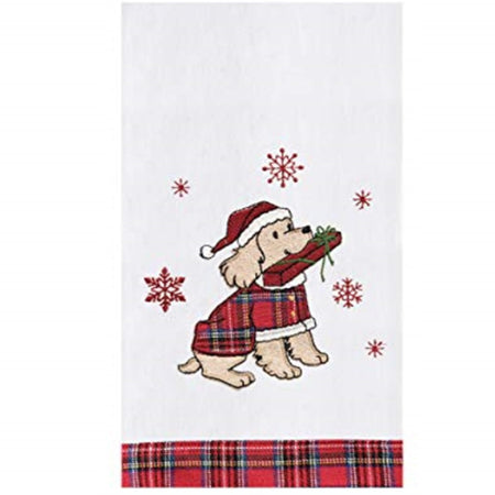 White kitchen towel with a dog in a christmas sweater and Santa hat carrying a gift in his mouth and red plaid border