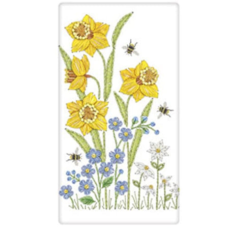 White kitchen towel with printed daffodil design with purple blue flowers and bees. Printed to look like it is embroidered.