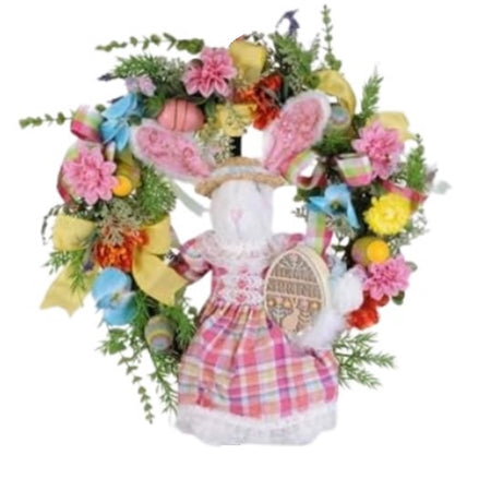 Floral door wreath with pastel flowers in blue, pink and yellow with easter egg accents.  I pink girl bunny sits inside the wreath wearing a pink plaid dress and a straw hat