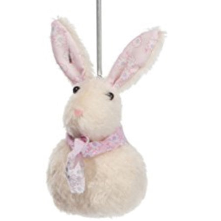 White furry rabbit shaped ornament with pink floral ears and matching scarf.