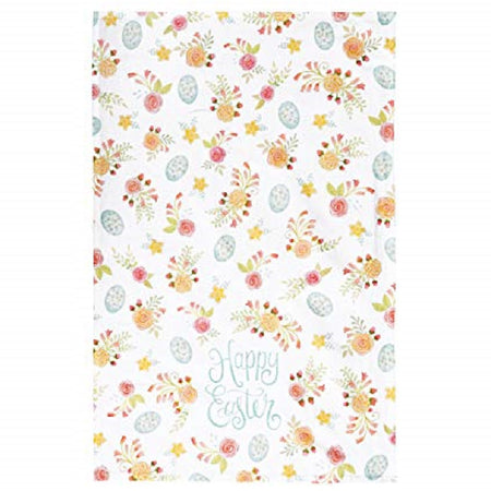 Kitchen towel with text Happy Easter and a repeated floral and Easter egg design in yellow and pink flowers and blue egg.