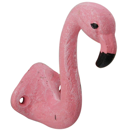 cast iron wall hook shaped like a flamingo, painted pink.
