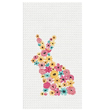 white waffle weave kitchen towel with flowers in the shape of a bunny rabbit in pastel colors.