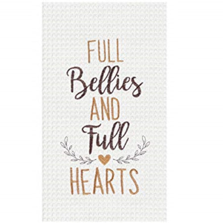 White waffle weave kitchen towel embroidered in tans the text Full Bellies and Full Hearts
