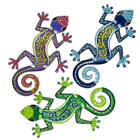3 identical shaped gecko plaques.  Painted with shade of blue, green and purple with pink.  Dots and vine accent.