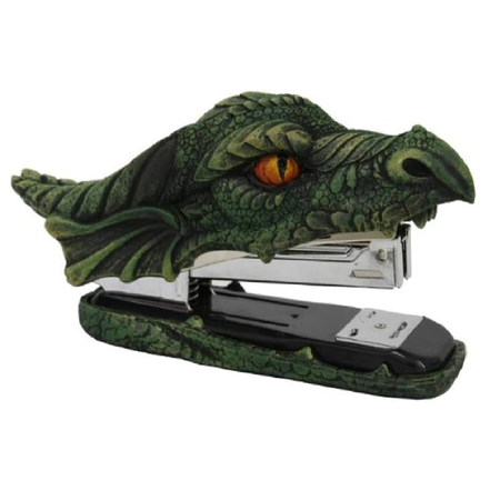 Stapler designed to look like the head of a green dragon.