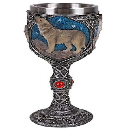 grey chalice with celtic design and featuring a grey wolf