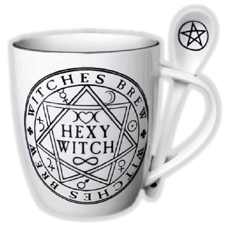 White mug with black pentagram and the sayings "witches brew" and "hexy witch"