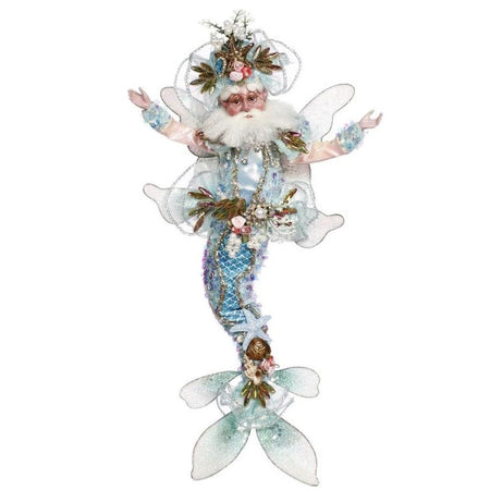 Merman with fairy wings, his tail is blue and he's wearing a crown with starfish