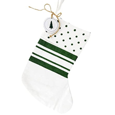 White stocking with green stripes near the top and a polka dot cuff with a tree icon hanging tag