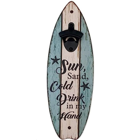 Bottle opener in the shape of a surfboard.  Rough paint in blue with cream wide stripes. Text says sun, sand , cold drink in my hand and 2 starfish accents 