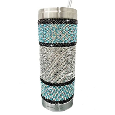 Silver tumbler completely encrusted in crystals in silver turquoise and black. with straw