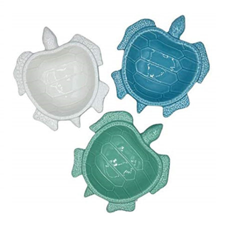 3 identical shaped turtle dishes, 1 each of white green  and blue