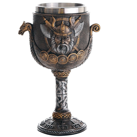 brown and gold viking themed goblet featuring a viking warrior ship.
