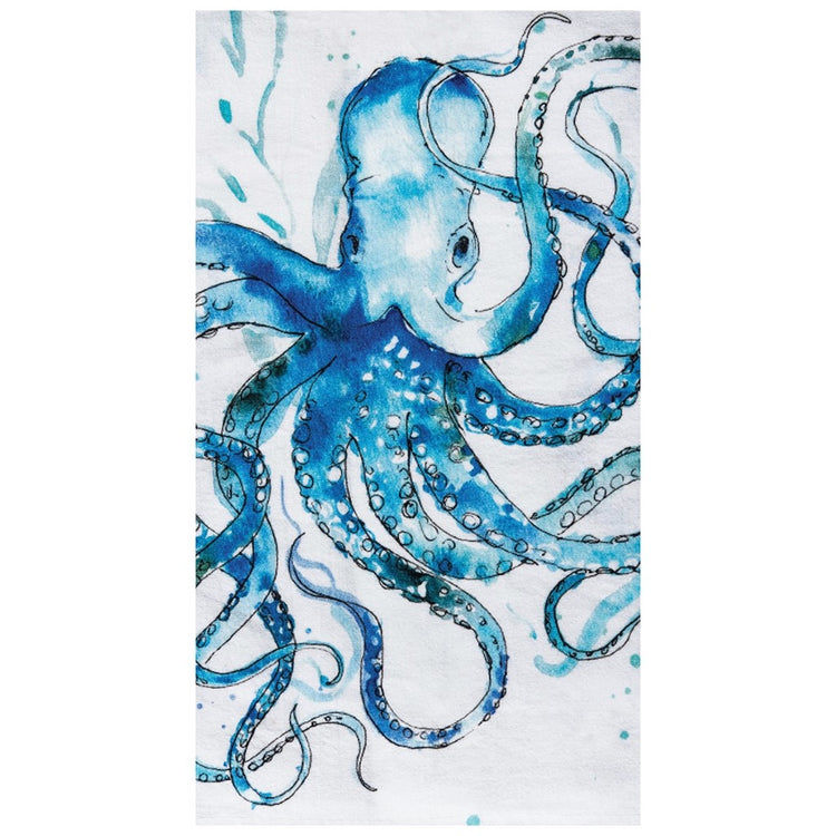 White towel, blue octopus with tentacles bending out in all directions. Watercolor look with blue splatter on towel.