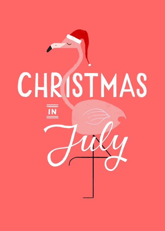 pink flamingo with Santa hat, saying "christmas in july"