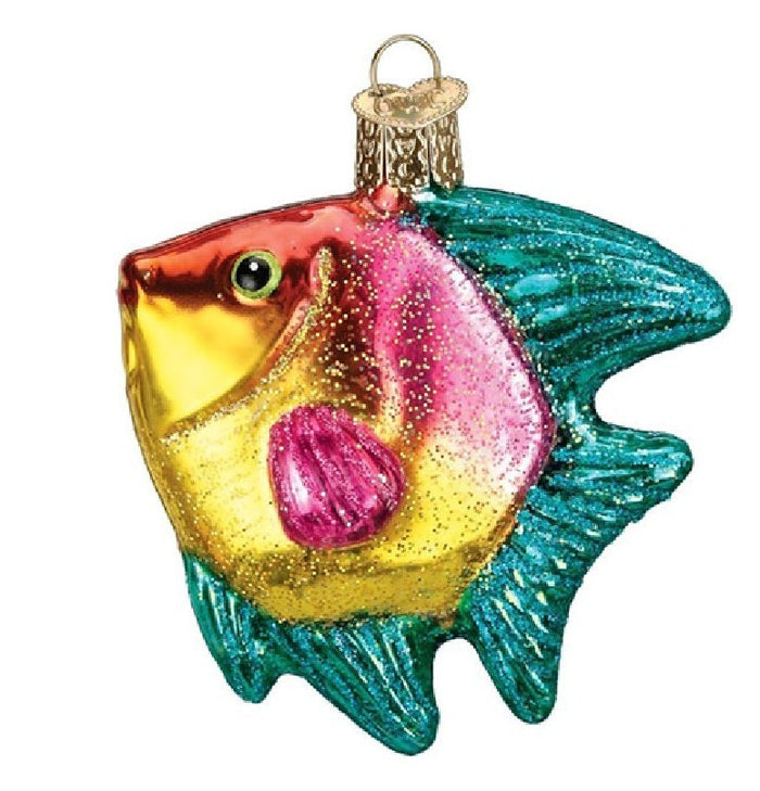 Pink and yellow tropical fish Old World Christmas ornament