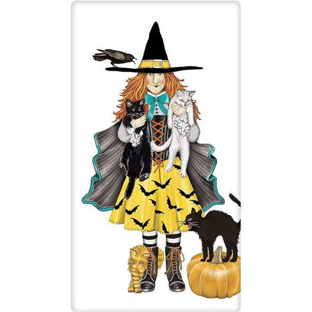 Mary Lake Thompson Halloween towel, witch with kittens.