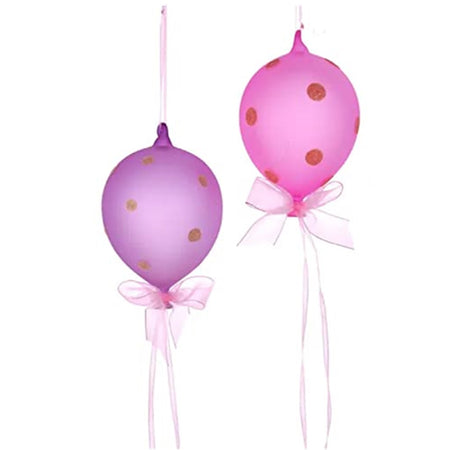 2 Balloon shaped ornaments, 1 pink and 1 purple both with ribbon ties hanging long and glittered dots