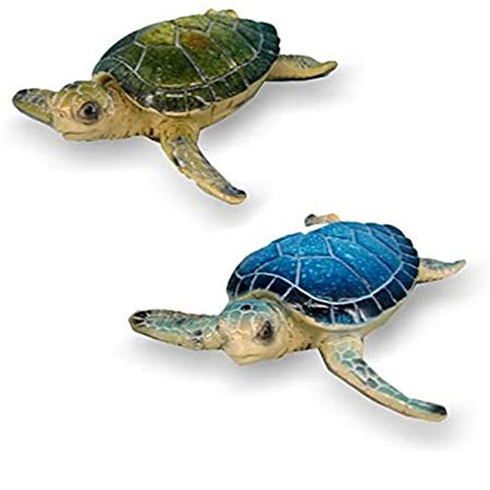 2 Sea turtle figurines. 1 turtle has a blue shell and 1 has a green shell.