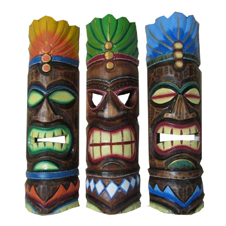 3 painted tiki masks, yellow, green, and blue head dresses, with colorful accents.