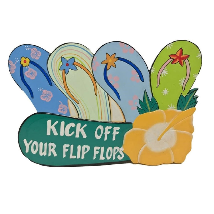 Flip flop wood sign that says "kick off your flip flops" 