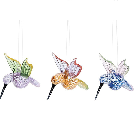 Set of 3 glass hummingbird ornaments in purple, blue, and orange/red, 3.7-inch decorative bird accents for year-round or seasonal décor
