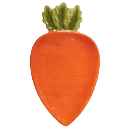 orange carrot shaped plate with green leaves on top in the shape of a carrot