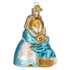 Glass ornament showing a mother bunny hugging their younger bunny.  Both rabbits are brown and wear blue, mom has a white apron. Glitter finish on edges.