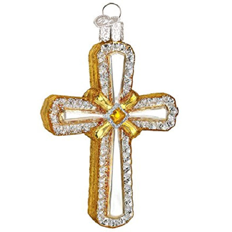 Cross Christmas ornament gold edges with silver sparkle outline and gold tie decor in the middle of the cross