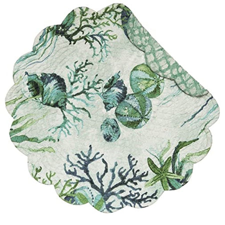 round placemat with scalloped edge in shades of green with sea life design showing coral, strfish and shells.  One side is folded over showing a cross hatch pattern in matching colors.