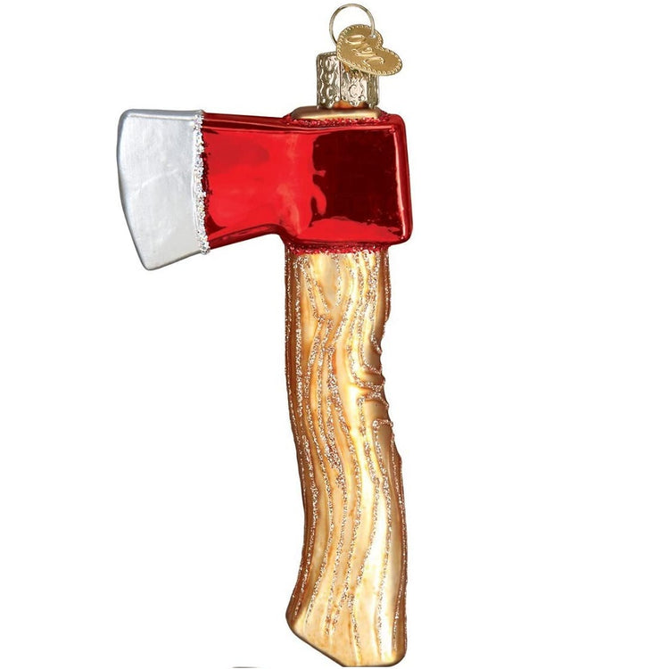 Axe shaped christmas ornament .  Brown wood look handle and red axe