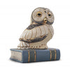 Owl figure on a blue hardback book figure.  The owl is off white with black feathers and gold accent.