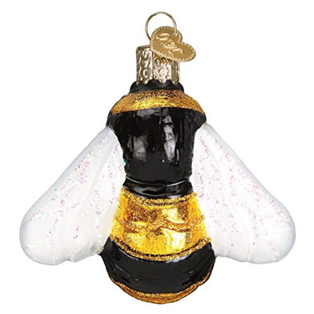 Black and gold bumblebee shaped ornament with white wings and gold glitter accent