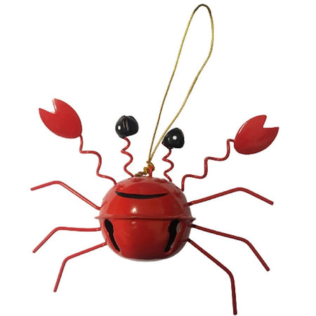Red crab ornament. The body is a red jingle bell and the legs and claws are metal sticks.  Black painted on smile and black eyes.