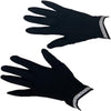 Black fabric gloves that have pearl and white diamond rhinestone border at the wrists.