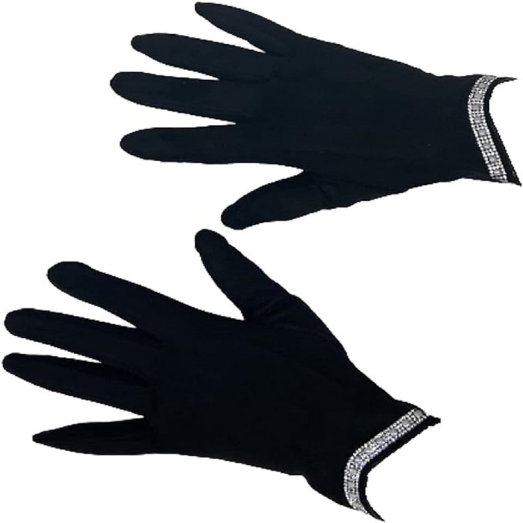 Black fabric gloves that have pearl and white diamond rhinestone border at the wrists.