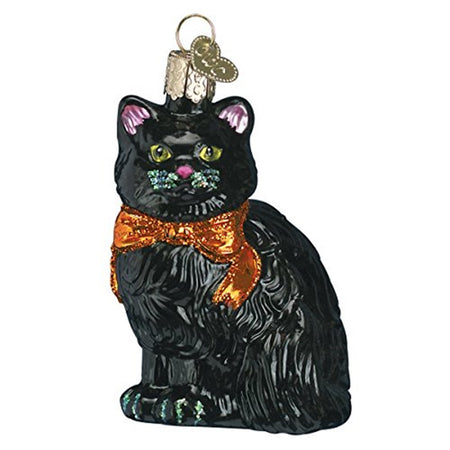 Cat shaped hanging ornament. The cat is black with pink ears and nose wearing an orange bow.