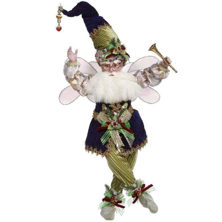 Fairy figure standing with legs crossed holding a bugle type horn. He wears a pointy tall hat, gold pants, white whins and a jacket.