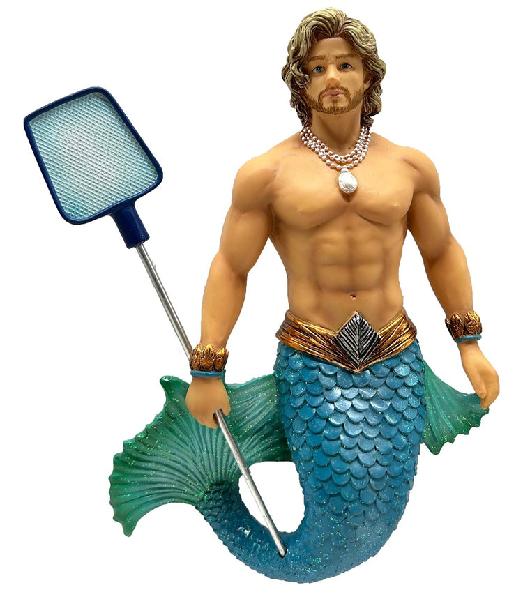 merman with gold bracelets, a pearl necklace and holding a pool skimmer net.