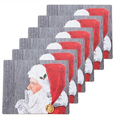 6 duplicate rectangle placemats with a santa design with finger to lips to indicate quiet.