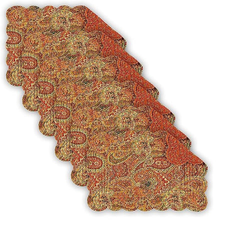 6 fabric placemats, an orange paisley pattern on one side with a darker orange pattern on the other. The placemats are rectangular with scalloped edges.