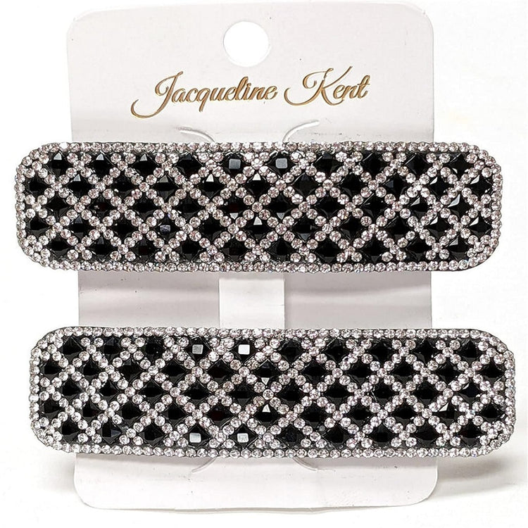 black and silver crystal rhinestones in a diamond pattern, adorn two rectangular shaped hair clips.