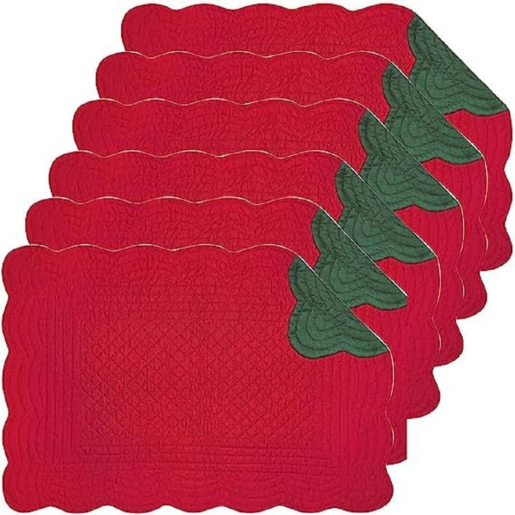 6 rectangular quilted placemats, one side of each is red, the other side is dark green.