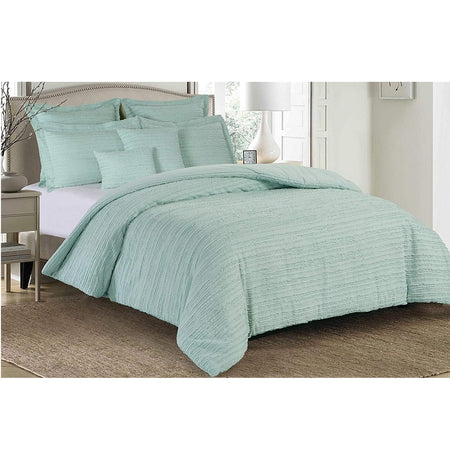 Seaglass green color bed comforter with matching shams and pillows. They have a fringe type eyelash stripe.