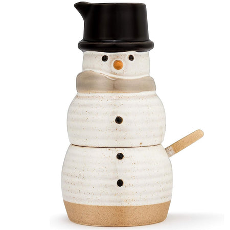 Demdaco Friendly White Snowman 6.5 x 3 Stoneware Stacking Cream and Sugar Container Canister Set